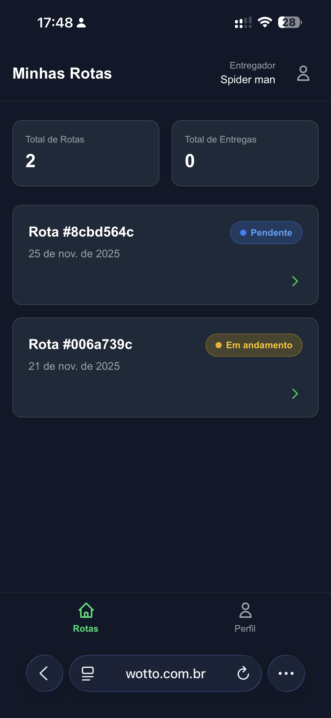 Aplicativo mobile dos entregadores com a lista de rotas